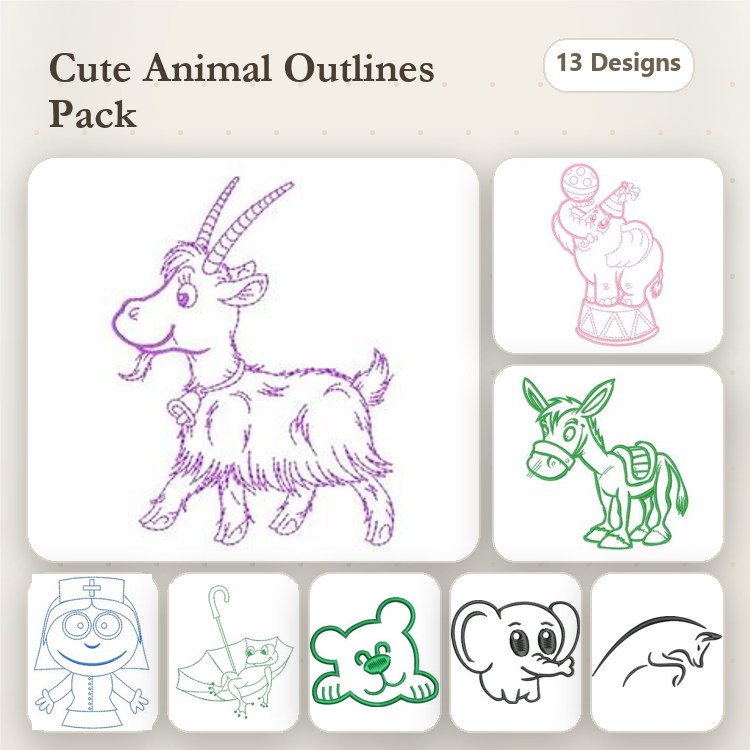 Redwork Cute Animal Embroidery Designs Bundle – Goat, Circus Elephant, Donkey & More (13 Designs)