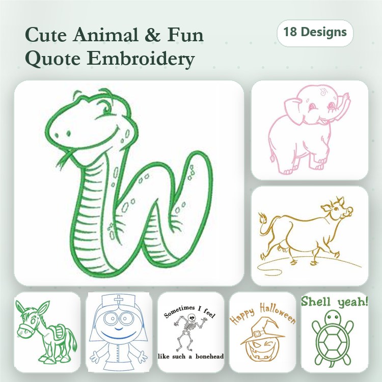 Cute Animal and Fun Quotes Embroidery Designs Bundle – Smiling Snake, Elephant, Walking Cow & More (18 Designs)
