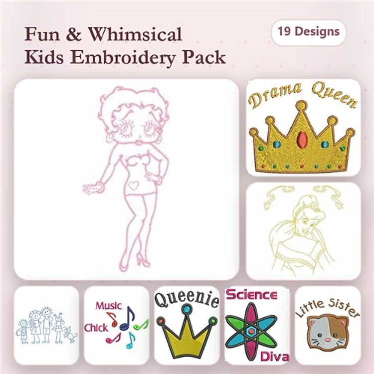 Kids Themed Embroidery Designs Bundle – Drama Queen, Crown Design, Science Diva & More (19 Designs)
