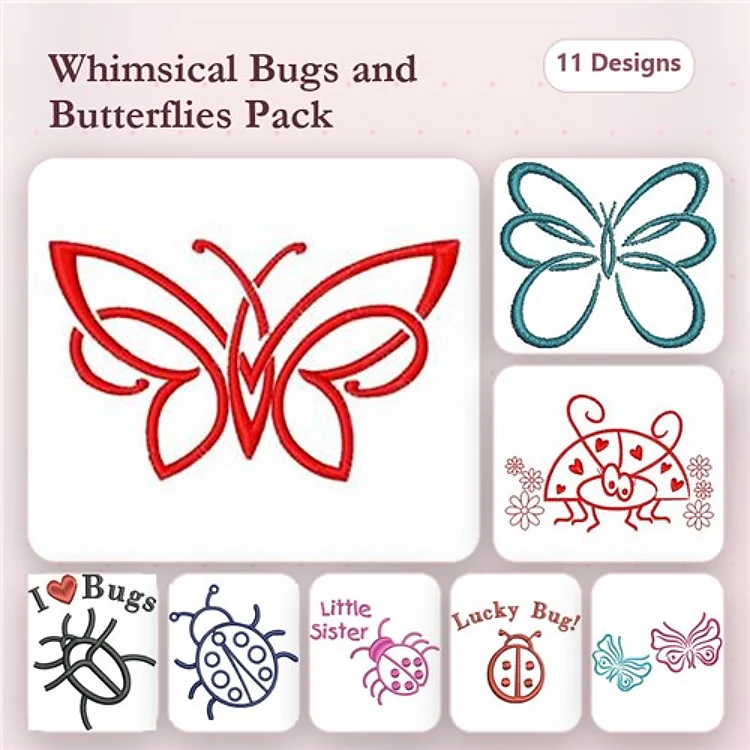 Redwork Bugs & Butterflies Embroidery Designs Bundle – Butterfly Outline, Ladybug, I Love Bugs & More (11 Designs)