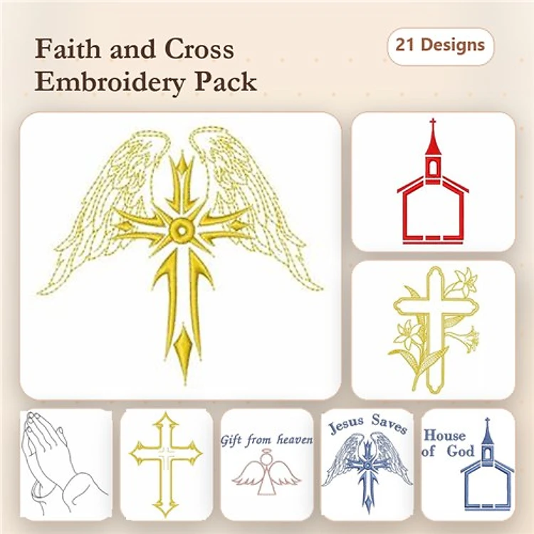 Faith & Cross Embroidery Designs Bundle – Angel with Cross, Praying Hands, Jesus Saves & More (21 Designs)