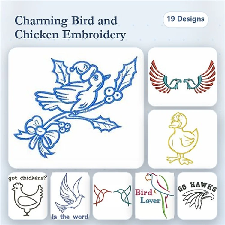 Redwork Bird & Chicken Embroidery Designs Bundle – Holly Bird, Duck, Flying Bird & More (19 Designs)