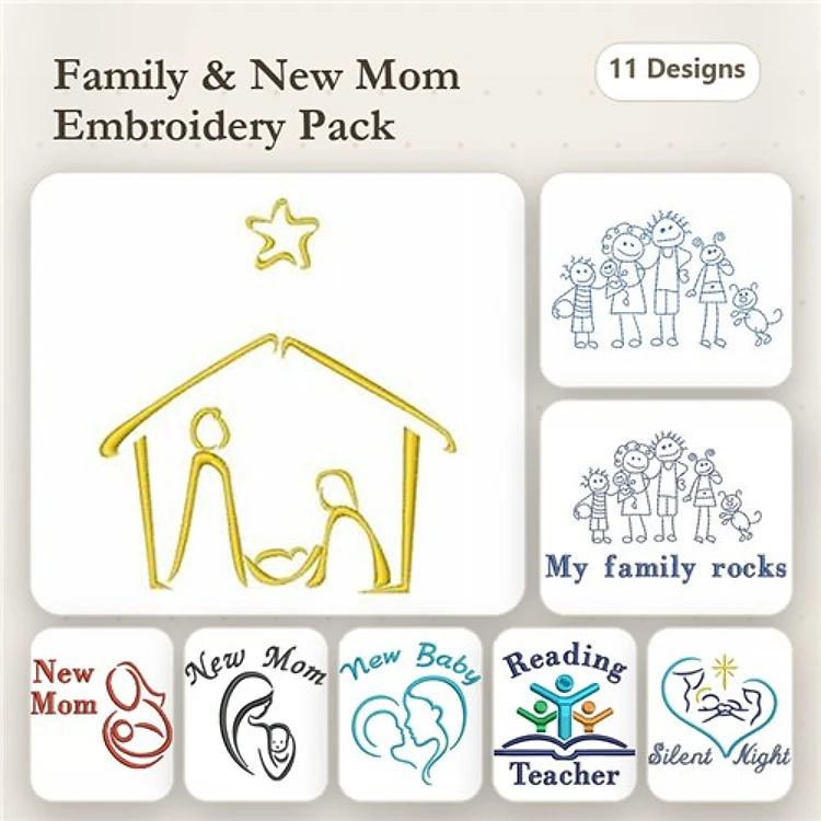 Family & New Mom Embroidery Designs Bundle – Nativity Scene, My Family Rocks, New Mom & More (11 Designs)