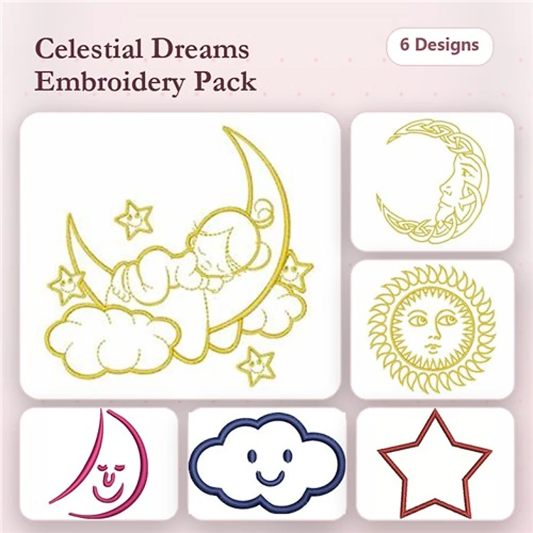 Redwork Celestial Embroidery Designs Bundle – Sleeping Baby on Moon, Sun Face, Smiling Moon & More (6 Designs)