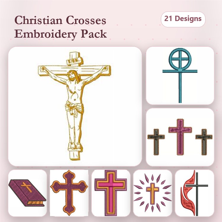 Christian Crosses Embroidery Designs Bundle – Crucifix with Jesus, Circle Cross, Decorative Cross & More (21 Designs)