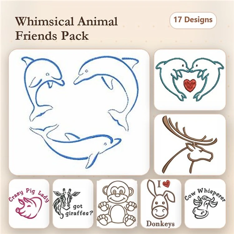 Redwork Whimsical Animal Embroidery Designs Bundle – Dolphin Heart, Silly Dolphin, Crazy Pig Lady & More (17 Designs)