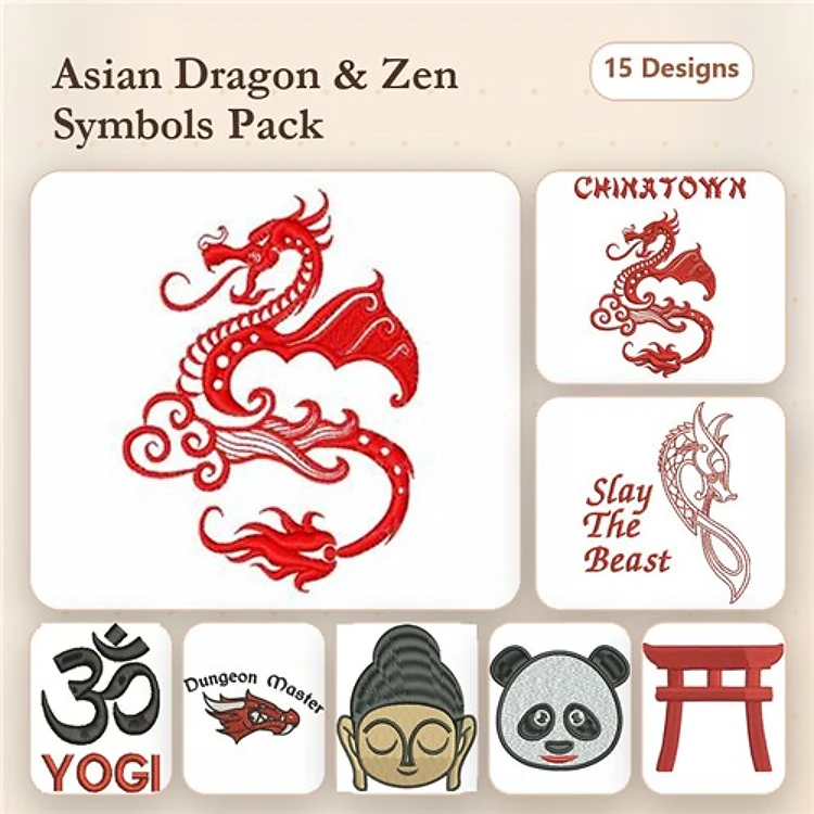 Asian Dragon & Zen Symbols Embroidery Designs Bundle – Buddha, Panda, Slay The Beast & More (15 Designs)