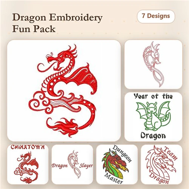 Dragon Themed Embroidery Designs Bundle – Red Dragon, Dragon Slayer, Year of the Dragon & More (7 Designs)
