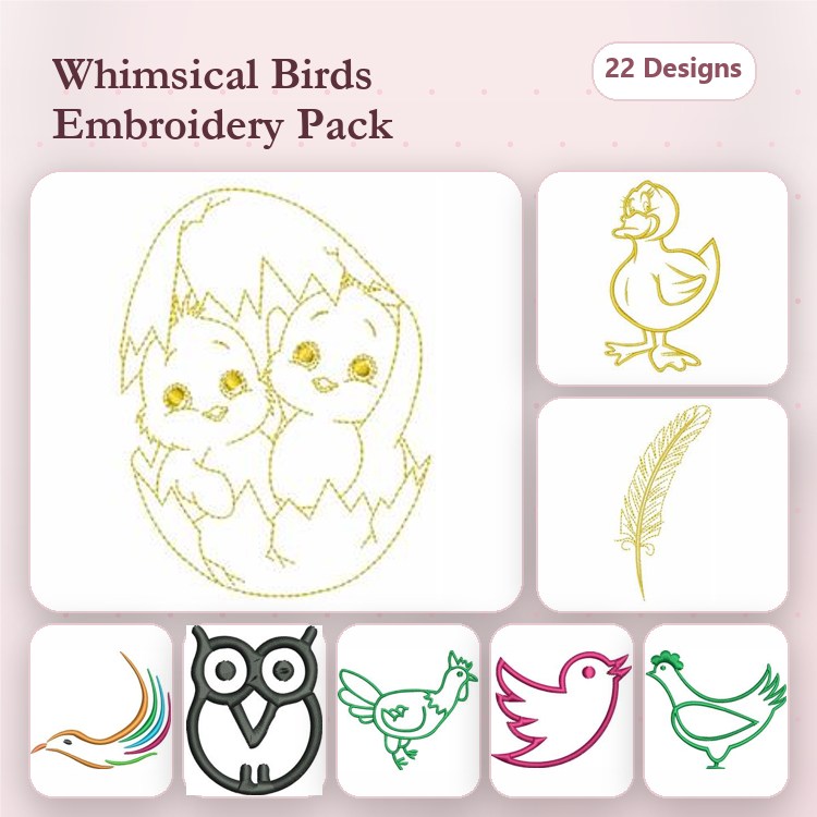 Redwork Whimsical Birds Embroidery Designs Bundle – Chick in Egg, Duckling, Owl & More (22 Designs)