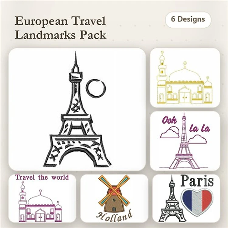 European Travel Landmarks Embroidery Designs Bundle – Eiffel Tower, Holland Windmill, Islamic Mosque & More (6 Designs)