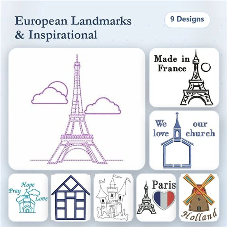 Redwork European Landmarks Embroidery Designs Bundle – Eiffel Tower, Traditional Windmill, We Love Our Church & More (9 Designs)
