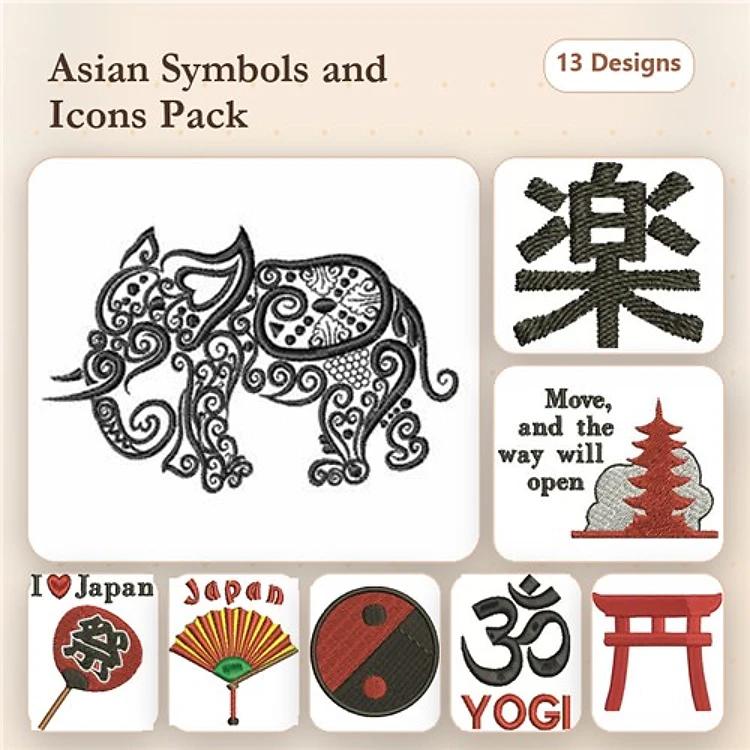 Asian Symbols & Icons Embroidery Bundle – Elephant, Torii Gate, Japanese Character for Music & More (13 Designs)
