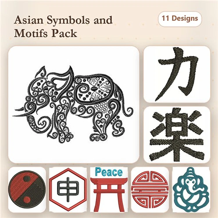 Asian Symbols Embroidery Designs Bundle – Ornate Elephant, Kanji Characters, Peace Symbol & More (11 Designs)