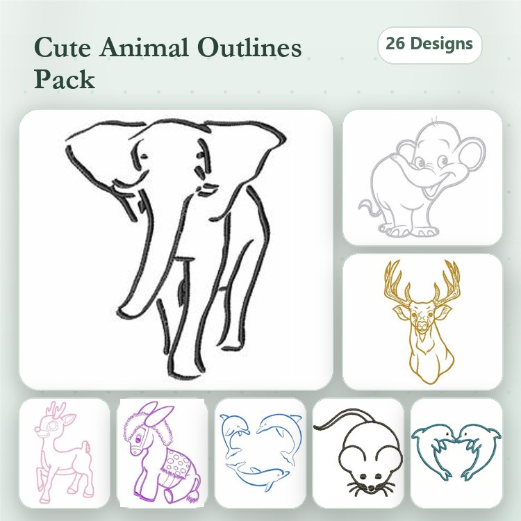 Redwork Animal Outlines Embroidery Designs Bundle – Elephant, Baby Elephant, Deer, Fawn & More (26 Designs)