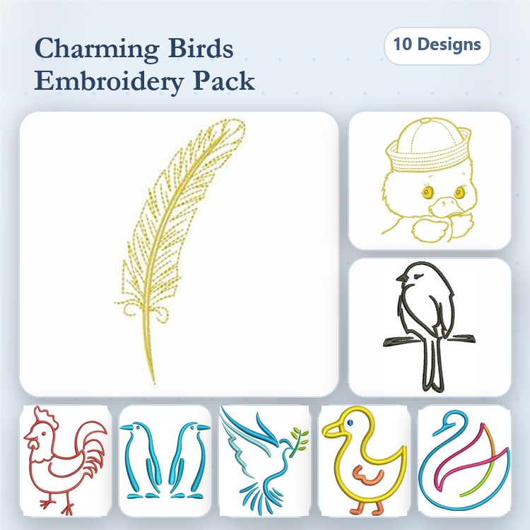 Charming Birds Embroidery Designs Bundle – Duckling, Sparrow, Rooster, Penguin & More (10 Designs)