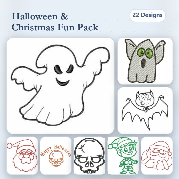 Redwork Halloween & Christmas Embroidery Designs Bundle – Ghost, Bat, Santa & More (22 Designs)