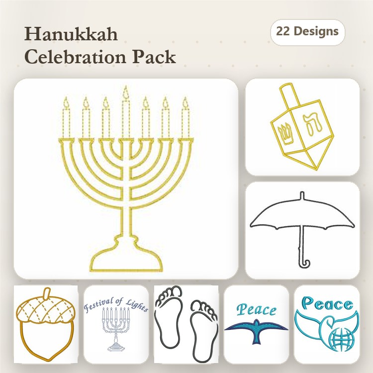 Hanukkah Celebration Embroidery Designs Bundle – Menorah, Dreidel, Acorn & More (22 Designs)