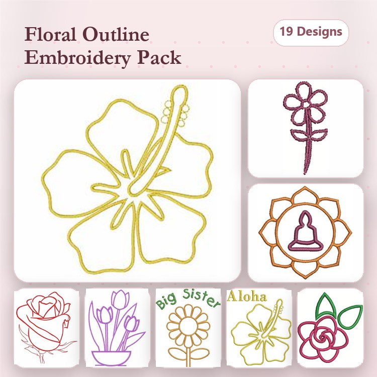 Redwork Floral Outline Embroidery Designs Bundle – Hibiscus, Lotus, Rose, & More (19 Designs)