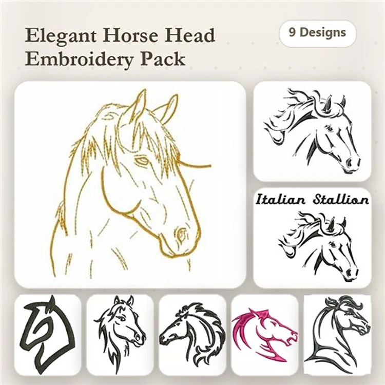 Redwork Horse Head Embroidery Designs Bundle – Elegant Horse Head, Italian Stallion, Horse Outline & More (9 Designs)