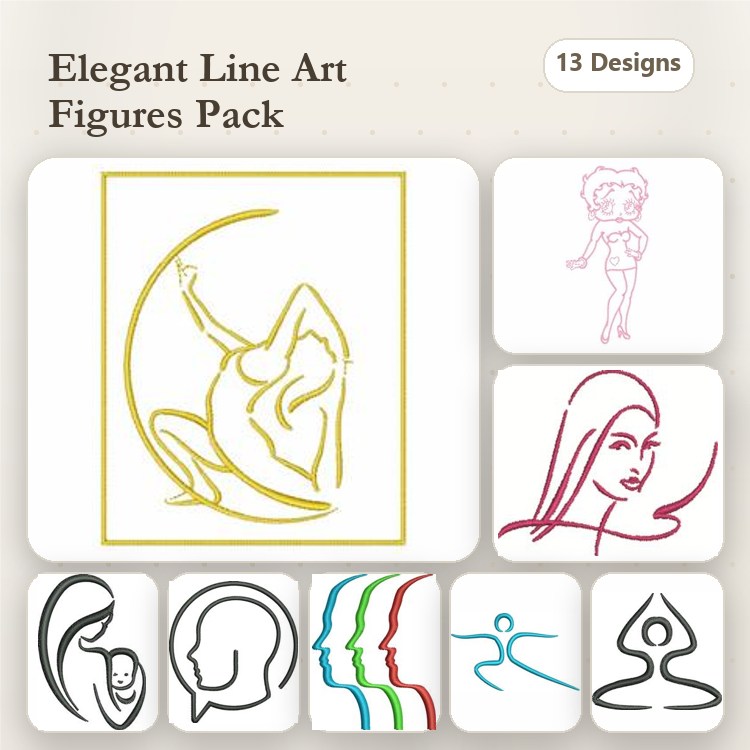 Redwork Elegant Line Art Embroidery Designs Bundle – Abstract Woman with Crescent Moon, Dancing Figure, Stylized Woman Portrait & More (13 Designs)