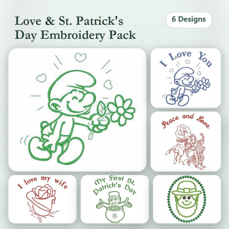 Redwork Love & St. Patrick's Day Embroidery Designs Bundle – Leprechaun with Flower, I Love My Wife, & More (6 Designs)