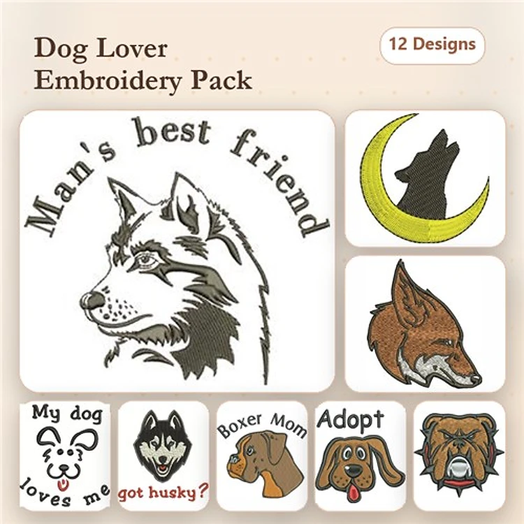 Dog Breed Embroidery Bundle – Boxer Mom & Husky Designs (12 Designs)