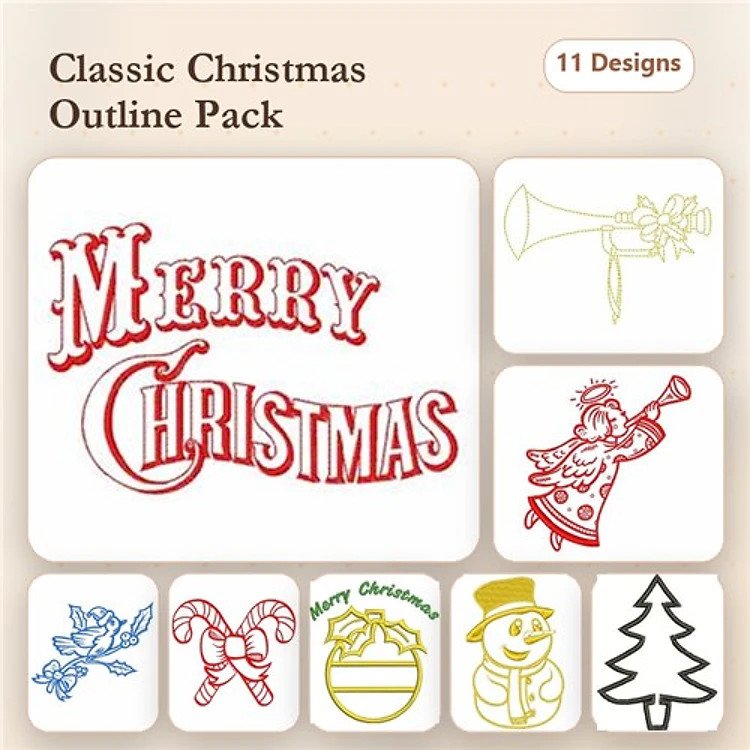 Redwork Classic Christmas Embroidery Designs Bundle – Merry Christmas Text, Santa with Trumpet, Candy Cane & More (11 Designs)