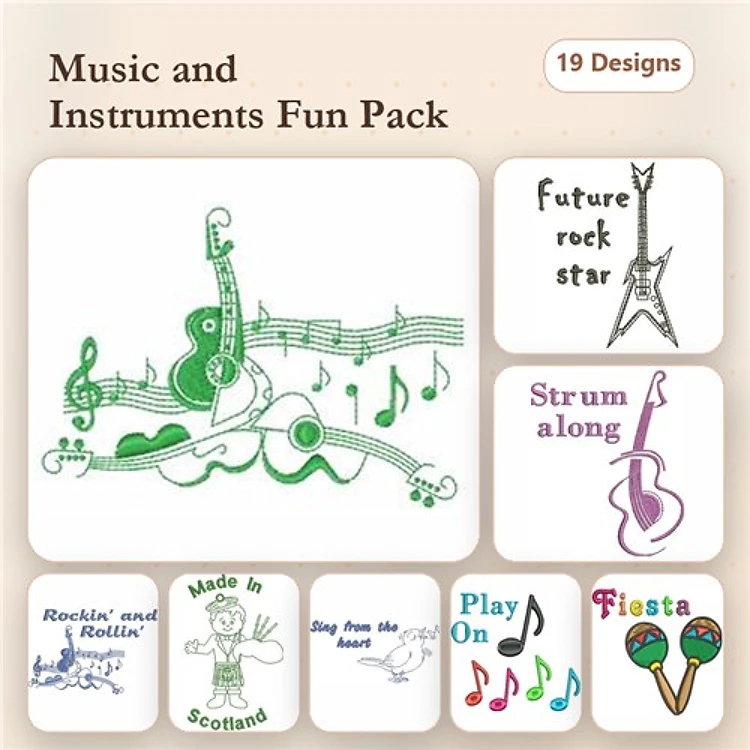 Music & Instruments Embroidery Designs Bundle – Future Rock Star, Strum Along, Rockin' and Rollin' & More (19 Designs)