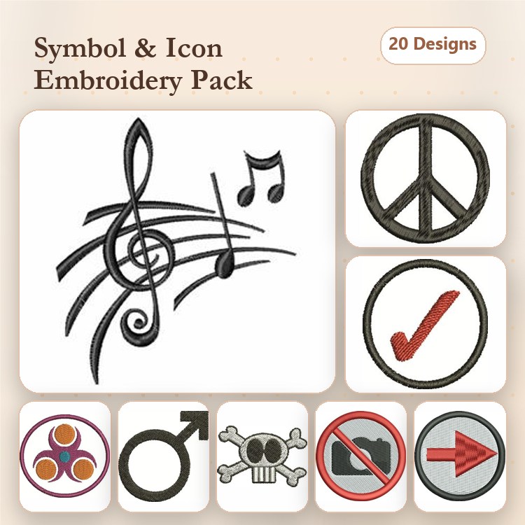 Symbols and Icons Embroidery Designs Bundle – Music Notes, Peace Symbol, Skull & More (20 Designs)