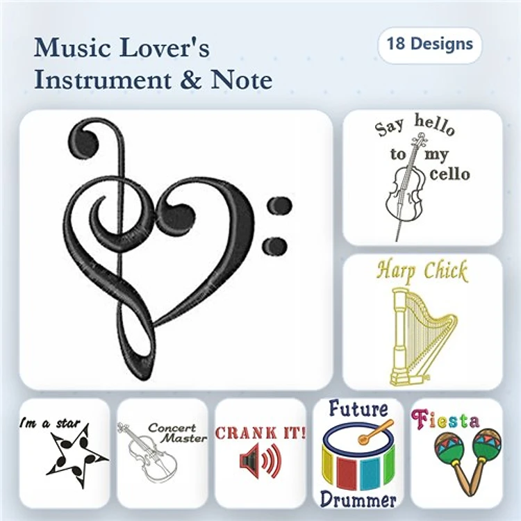 Music Instruments & Notes Embroidery Designs Bundle – Treble Clef Heart, Cello, Harp Chick & More (18 Designs)