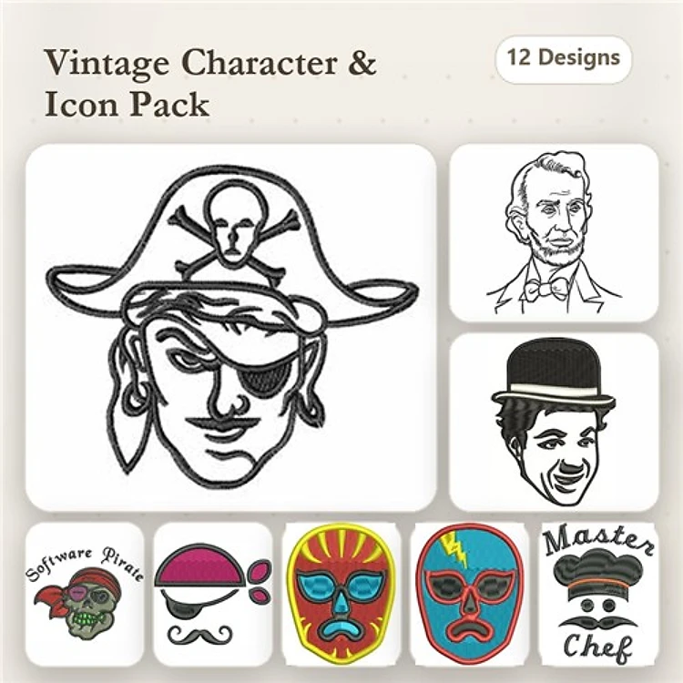 Vintage Characters Embroidery Designs Bundle – Pirate with Eye Patch, Abraham Lincoln, Vintage Top Hat & More (12 Designs)