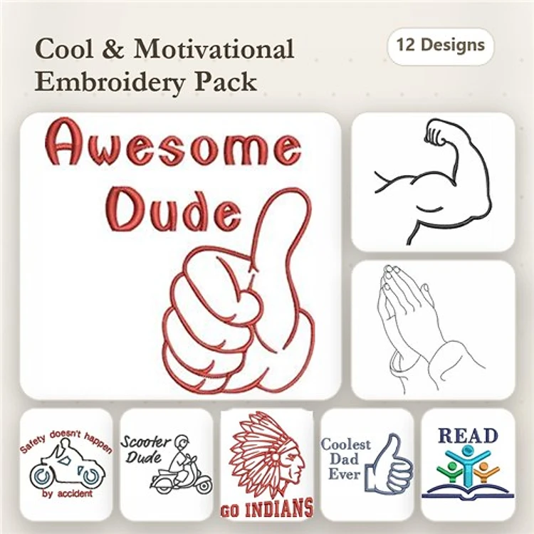 Redwork Cool and Motivational Embroidery Designs Bundle – Awesome Dude, Thumbs Up, Biceps Muscle & More (12 Designs)