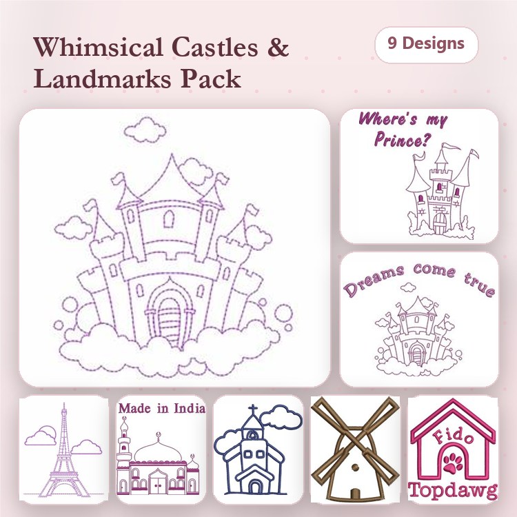 Redwork Whimsical Castles Embroidery Designs Bundle – Whimsical Castle, Where's my Prince?, Dreams come true & More (9 Designs)