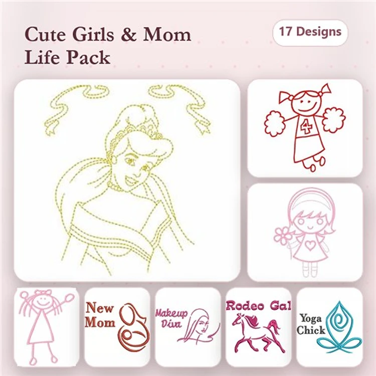 Redwork Cute Girls & Mom Life Embroidery Designs Bundle – New Mom, Makeup Plan, Rodeo Gal, & More (17 Designs)