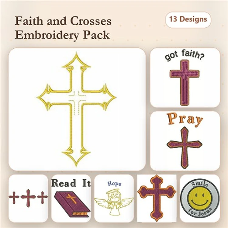 Faith & Crosses Embroidery Designs Bundle – Decorative Cross, Angel with Text, Cross with Text: Hope & More (13 Designs)