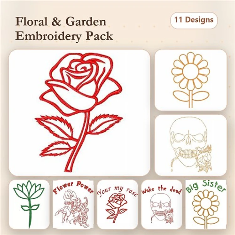 Redwork Floral Embroidery Designs Bundle – Rose, Skull with Flowers, Gardener's Friend & More (11 Designs)