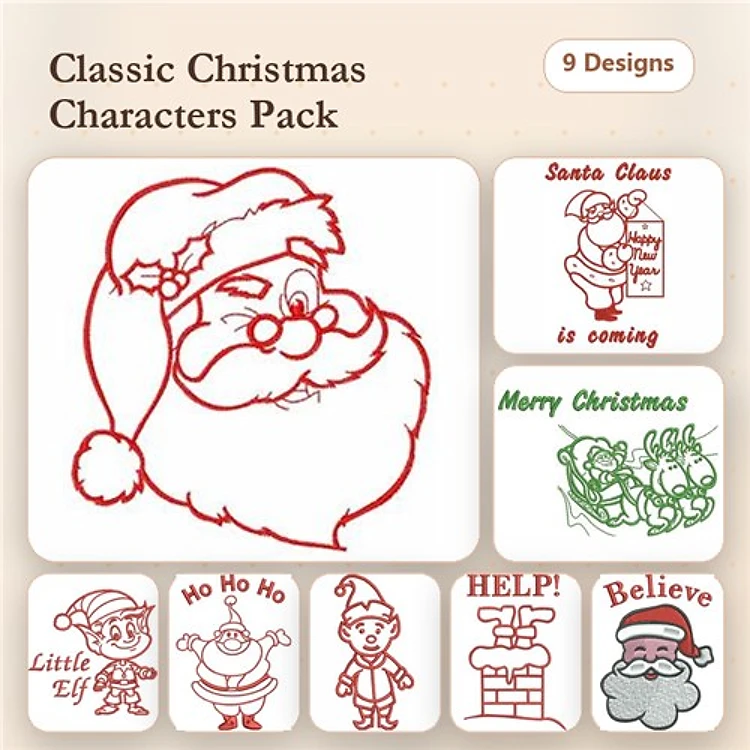 Redwork Classic Christmas Characters Embroidery Designs Bundle – Santa Claus, Little Elf, Snowman & More (9 Designs)