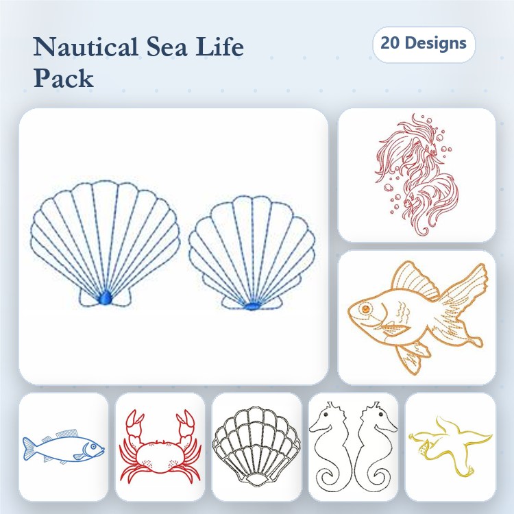 Redwork Nautical Sea Life Embroidery Designs Bundle – Seashell, Goldfish, Crab & More (20 Designs)