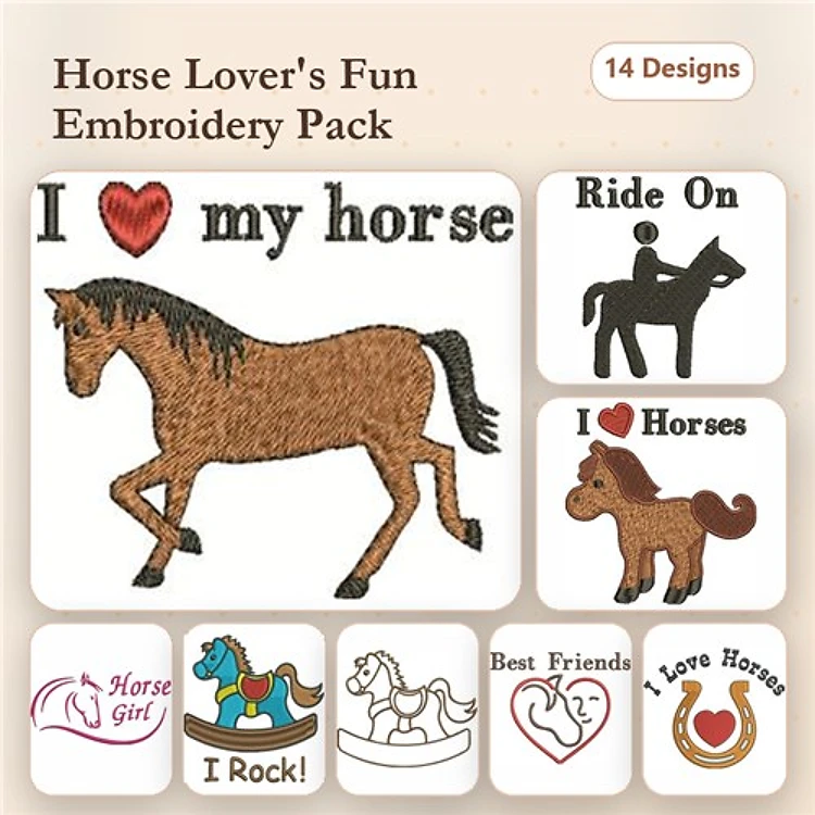 Horse Themed Embroidery Designs Bundle – I Love My Horse, Ride On, Horse Girl & More (14 Designs)