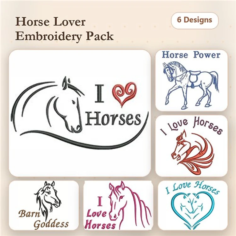 Horse Lover Embroidery Designs Bundle – Horse Power, Barn Goddess, I Love Horses & More (6 Designs)