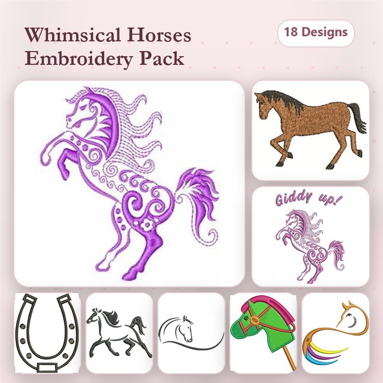 Whimsical Horses Embroidery Designs Bundle – Prancing Horse, Brown Horse, Horse Shoes & More (18 Designs)