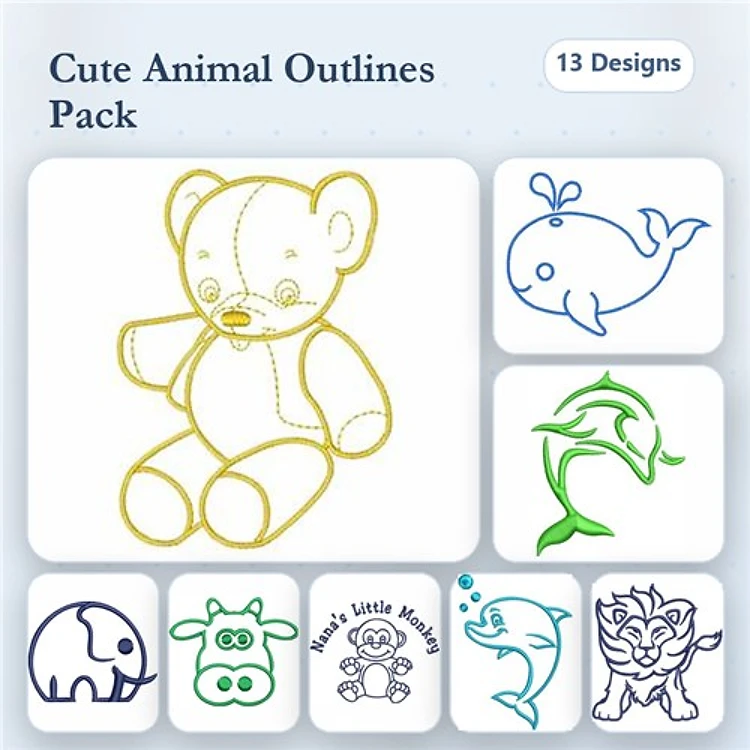 Redwork Animal Outlines Embroidery Bundle – Teddy Bear, Whale, Dolphin, Elephant & More (13 Designs)