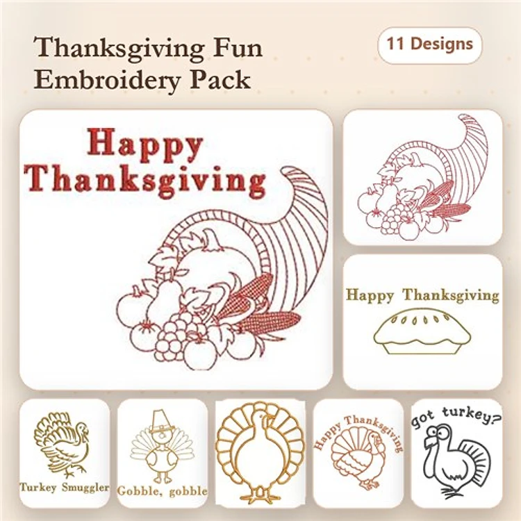 Redwork Thanksgiving Embroidery Designs Bundle – Cornucopia with Fruits, Turkey Silhouette, Gobbler, gobble & More (11 Designs)