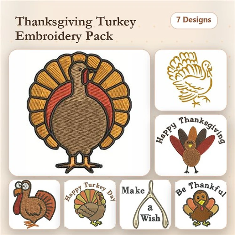 Thanksgiving Turkey Embroidery Designs Bundle – Thanksgiving Turkey, Turkey with Hat, Happy Thanksgiving & More (7 Designs)