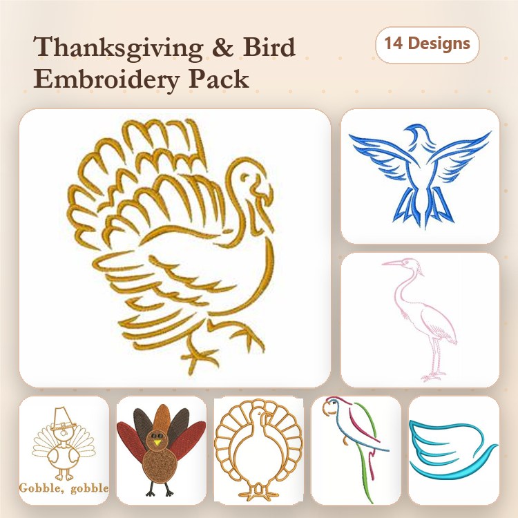 Thanksgiving Birds Embroidery Designs Bundle – Turkey, Singing Bird, Colorful Parrot & More (14 Designs)