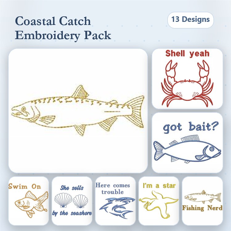 Fishing & Coastal Themes Embroidery Designs Bundle – Trout Fish, Crab, Swim On & More (13 Designs)