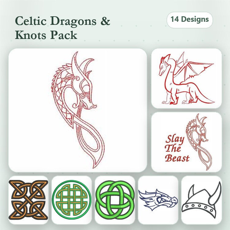 Redwork Celtic Dragons & Knots Embroidery Designs Bundle – Celtic Dragon with Swirls, Celtic Cross, Dragon Head & More (14 Designs)