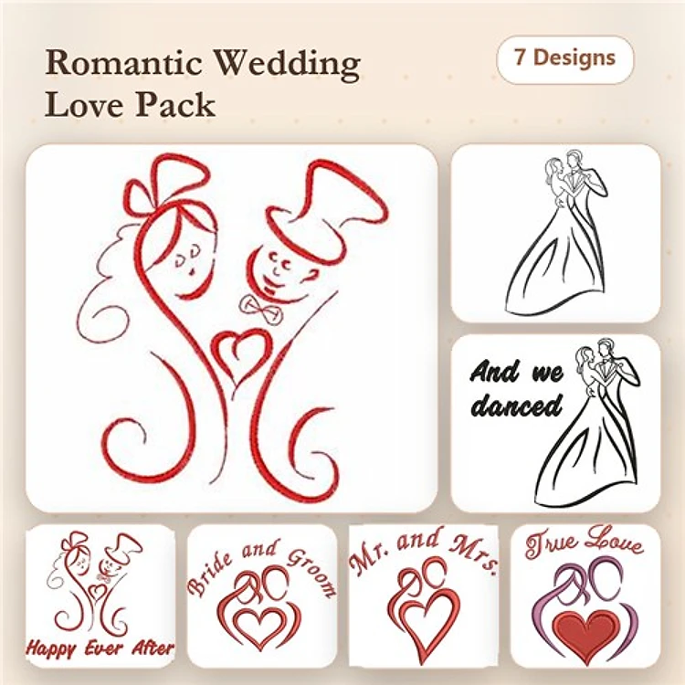 Redwork Romantic Wedding Embroidery Designs Bundle – Bride and Groom, Happy Ever After, True Love & More (7 Designs)