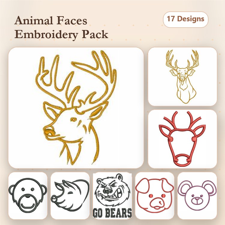 Redwork Animal Faces Embroidery Bundle – Deer Head, Bear Face, Pig Face & More (17 Designs)