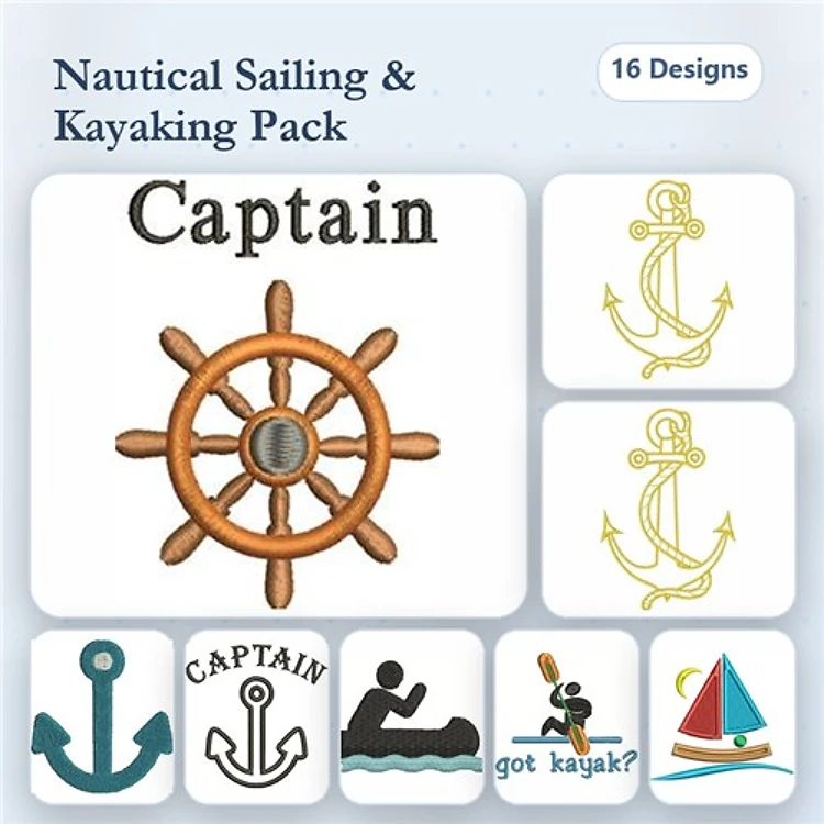 Nautical Embroidery Designs Bundle – Ship's Wheel, Anchor, Captain & More (16 Designs)